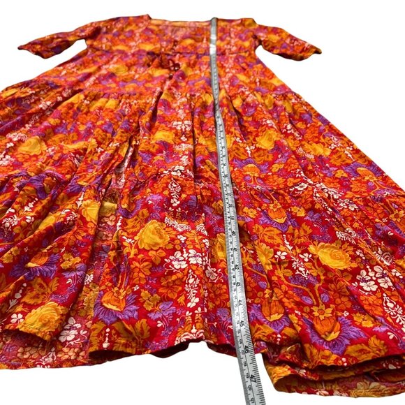 Abel the Label Cottagecore Floral Tiered‎ Midi Dress S Red Fall Prairie Peasant - Picture 16 of 16